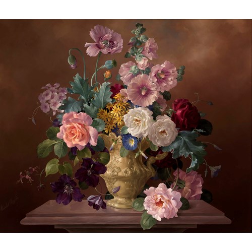 Roses, Hollyhocks and Poppies in an Ornamental Jug